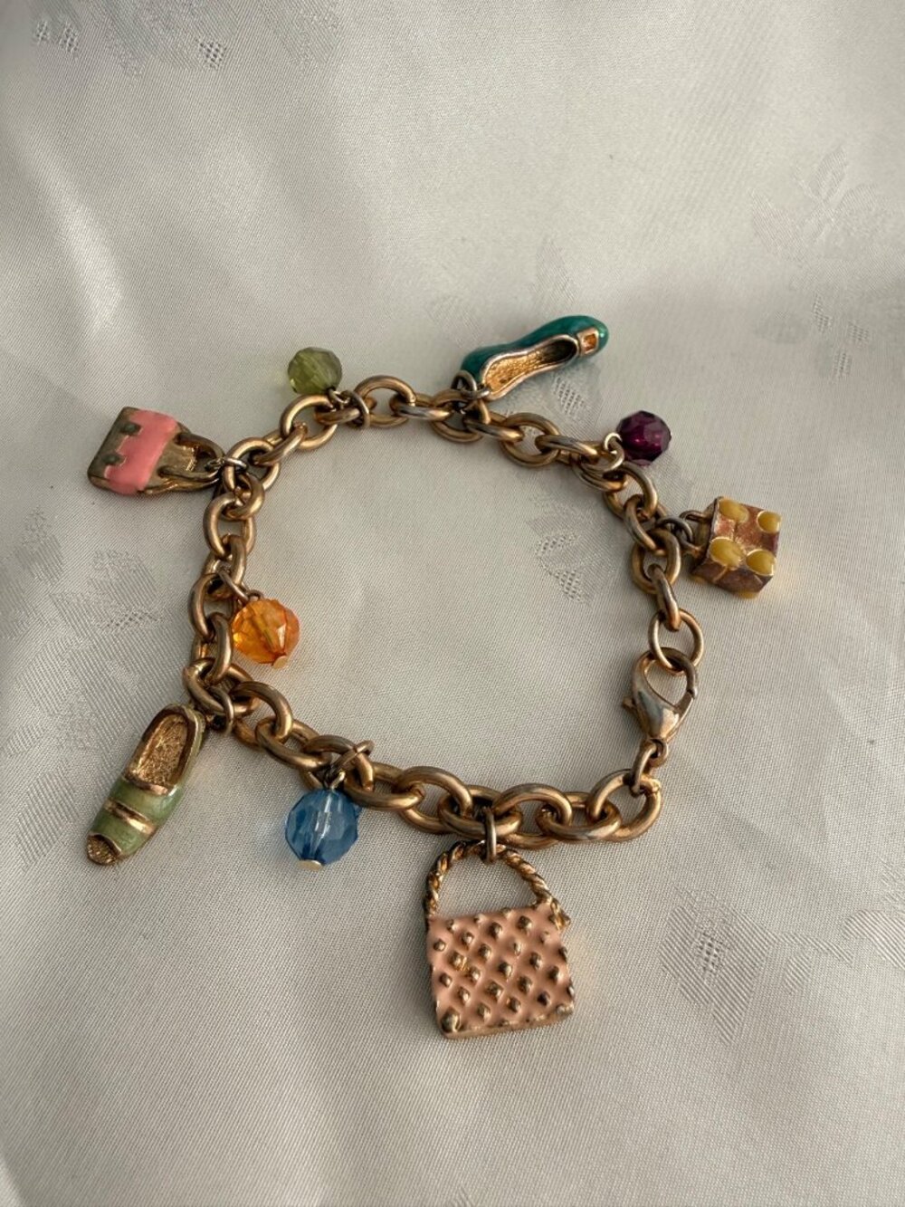 Vintage Gold-Tone Charm Bracelet w/ Enamel Shoe, Purse & Bead Accents